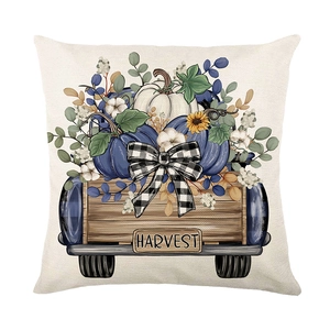 Housse de coussin automne avec citrouille, camion vintage et tournesols sur lin blanc