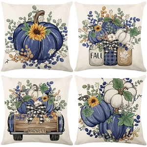 Lot de 4 housses de coussin d'automne avec citrouilles bleues et motifs de tournesols