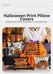 Detailed view of Halloween themed throw pillow covers on a cozy sofa with spooky decorations