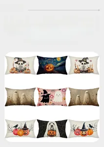 Detailed display of nine Halloween polyester lumbar pillow covers with spooky prints