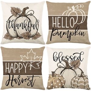 Set of 4 autumn harvest pillow covers featuring pumpkins, maple leaves, and thankful text