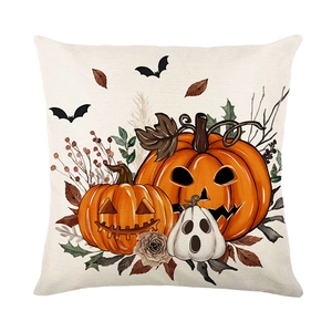 Halloween throw pillow cover with pumpkin and ghost print on white background