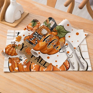 Autumn Harvest cotton linen placemats set featuring pumpkins sunflowers and fall theme
