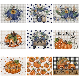 Nine autumn harvest cotton linen placemats with pumpkin and sunflower prints
