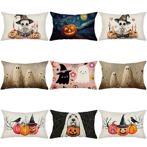 Halloween Lumbar Pillow Cover Polyester Linen Texture Skull Pumpkin Ghost Pattern Decorative Cushion Case For Sofa Room