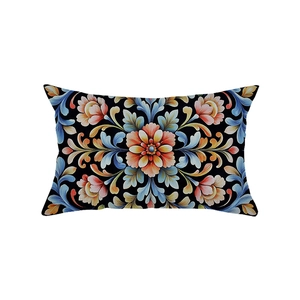 Bohemian floral lumbar pillow case with vintage pattern on black background