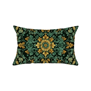 Rectangular lumbar pillow cover with vintage green and gold baroque floral patterns