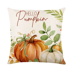 Square watercolor pumpkin throw pillow cover with Hello Pumpkin text on white background