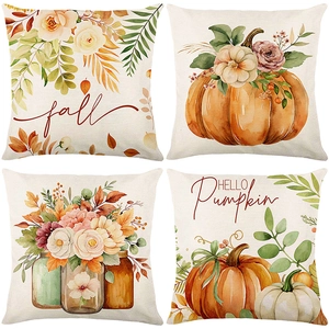 Set of four autumn pumpkin linen pillow covers with fall floral designs and art text