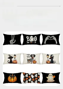 Detailed grid showing 9 Halloween pillow covers with pumpkin, ghost, and cat prints