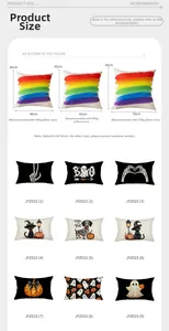 Size guide for Halloween throw pillow covers showing dimensions and weight recommendations