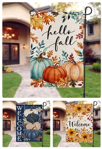 Detailed close-up of fall garden flags featuring pumpkin prints and welcome typography
