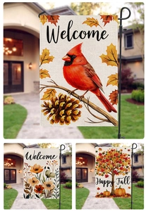 Close-up of linen texture on fall garden flags featuring pumpkin and welcome text