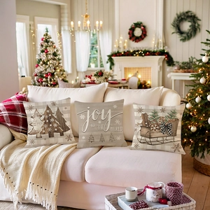Set di tre federe natalizie con scritta Joy e motivi festivi per decorazione del divano