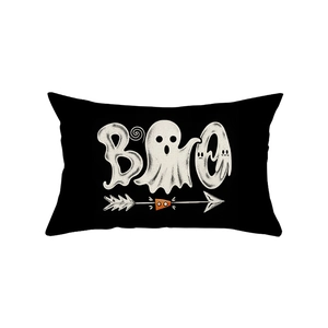 Halloween lumbar pillow cover with white BOO ghost print on black polyester fabric