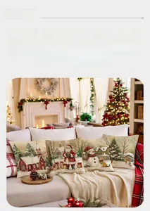 Detailed view of four festive Christmas pillow covers with Santa and snowman prints
