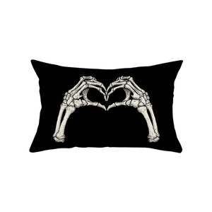 Halloween black rectangular cushion cover with gothic white skeleton hands heart design