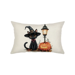 Halloween decorative pillowcase featuring black cat, pumpkin lantern and autumn leaves