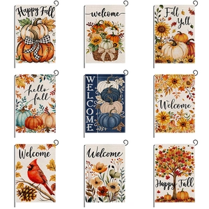 Autumn Harvest Garden Flag Linen Look Burlap Double Sided Welcome Happy Fall Pumpkin Sunflower Maple Leaf Yard Decor Banner