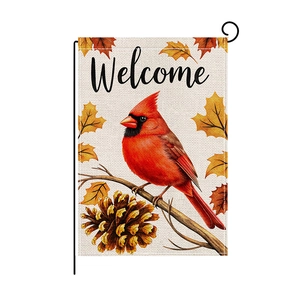 Autumn garden flag with cardinal and maple leaves on a black metal pole stand