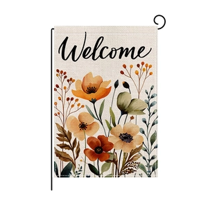Autumn Harvest Garden Flag with pumpkin and flowers on beige linen fabric with stand