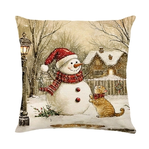 Christmas pillow cover with festive snowman and orange cat print on linen fabric