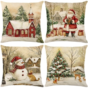 Set of 4 vintage Christmas pillow covers featuring Santa Claus and snowman prints