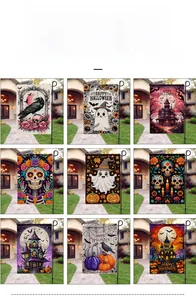 Detail of colorful Halloween garden flags featuring cute ghost and pumpkin patterns