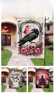 Detailed texture of burlap Halloween garden flags featuring ghosts and skulls on black poles