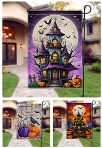 Detail of Halloween garden flag showing purple castle, pumpkins, and bats on outdoor stand