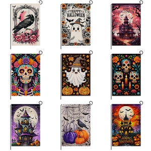 Halloween Garden Flag Double Sided Polyester Linen Look Yard Decor Ghost Pumpkin Haunted Castle Outdoor Banner Decor