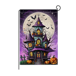 Halloween garden flag featuring a purple haunted castle with pumpkins and bats