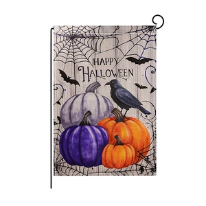 Halloween garden flag with watercolor pumpkins and crow on plaid background