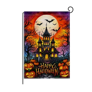 Halloween garden flag with watercolor castle, pumpkins and bats on white background
