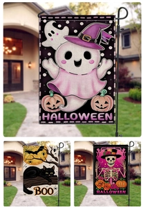 Vertical Halloween garden flags featuring ghosts and pumpkins in a front yard setting