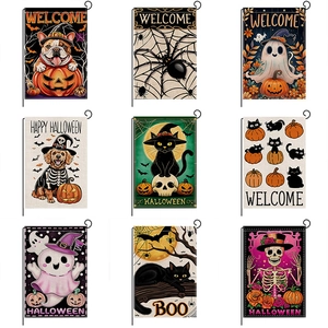 Halloween Garden Flag Double Sided Polyester Welcome Outdoor Decoration Banner With Iron Stand Ghost Pumpkin Black Cat Pattern