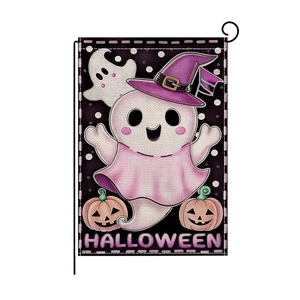 Halloween garden flag featuring a cute ghost in a wizard hat with festive pumpkins
