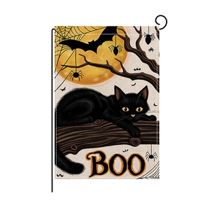 Halloween garden flag featuring a black cat, orange moon, and BOO text on burlap