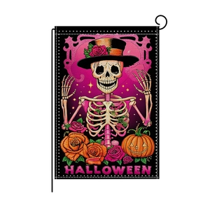 Halloween garden flag featuring a skeleton with pink roses and a pumpkin on metal stand