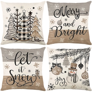 Set mit vier rustikalen Weihnachts-Kissenbezügen mit Baum-, Schneemann- und Festmustern