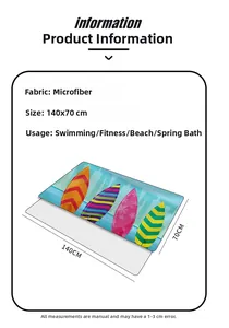 Details des Mikrofaser-Strandtuchs mit Surfbrett-Muster und Maßen 140x70cm