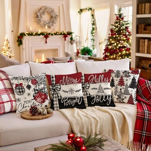Set of 4 Christmas pillow covers with red black plaid and festive holiday patterns