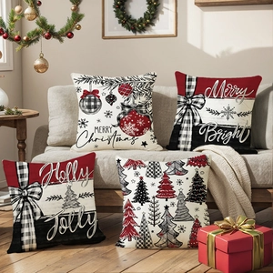 Set of four Nordic Christmas pillow covers with festive red and grey holiday prints