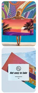 Detail eines digital bedruckten Strandtuchs mit Sonnenuntergangs- und Palmenmuster