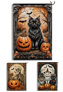 Detailed view of Halloween garden flags with black cat and skull designs on linen fabric