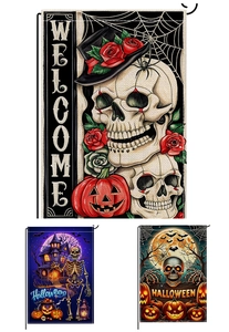 Detail of woven burlap texture on Halloween garden flags with skeleton and pumpkin designs
