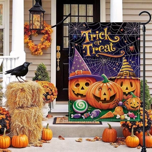 Halloween Garden Flag Double Sided Linen Like Polyester Yard Banner For Outdoor Festive Decoration Pumpkin Cat Skeleton Pattern