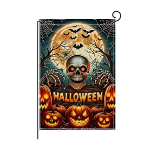 Halloween garden flag with skull, pumpkins, bats and moon design on black metal stand