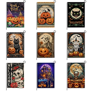 Collection of nine Halloween garden flags with pumpkins and ghosts for outdoor decor