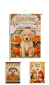 Detailed views of autumn garden flags featuring golden retriever, squirrel and hedgehog prints